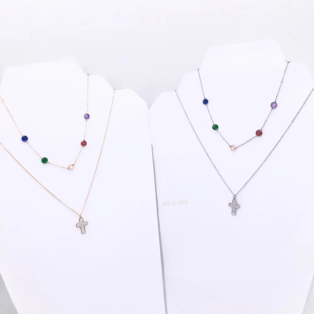 Collana moda multifilo  acciaio e cristallo - CAC5038-Croce e zirconia- Collana Corta Multifilo in Acciaio (Acciaio)