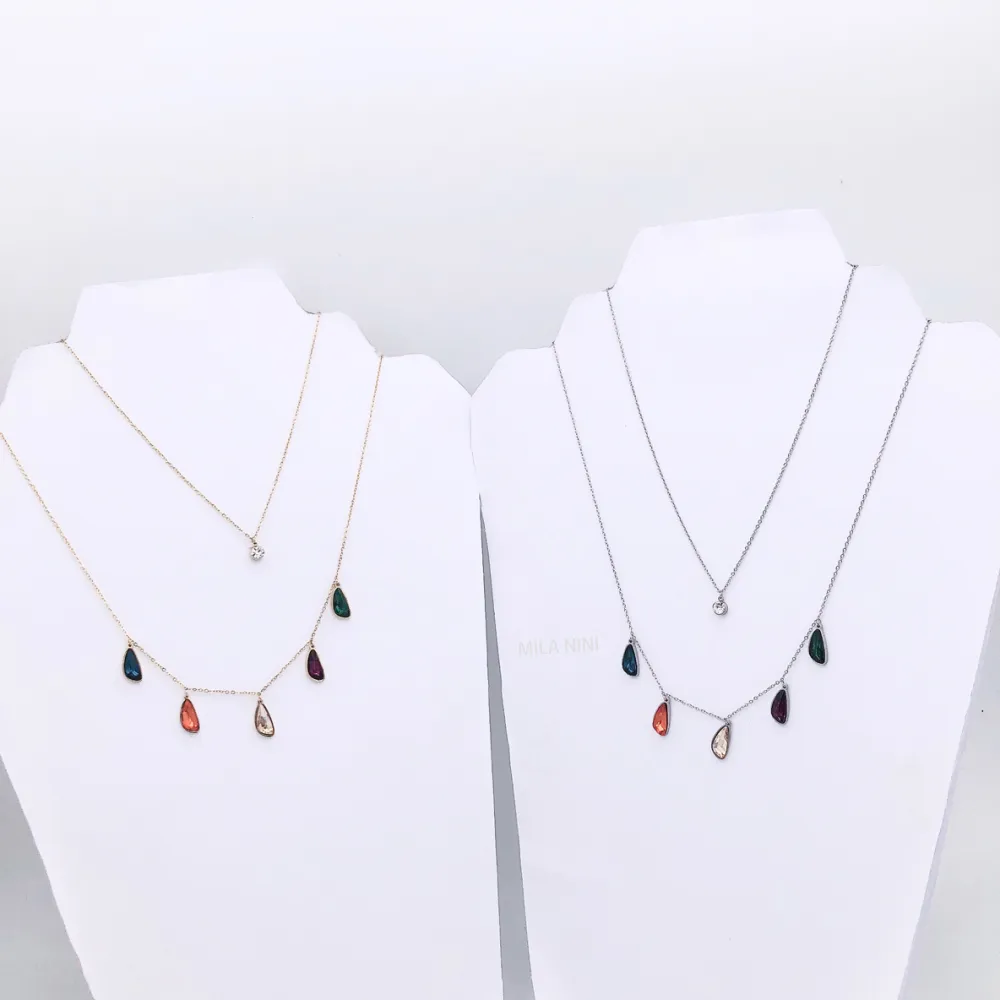 Collana moda multifilo  acciaio e cristallo - CAC5084-Goccia e punto lunce doppio filo - Collana Acciaio