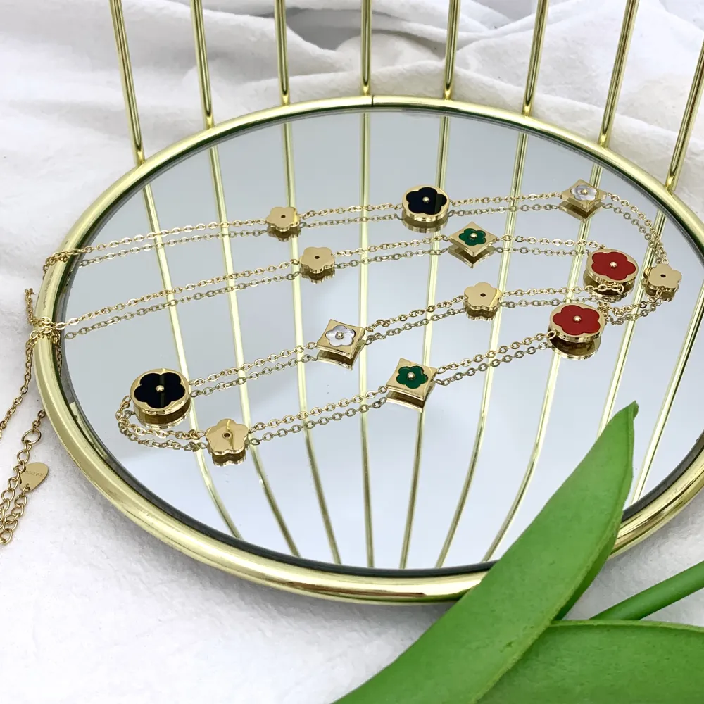 Fiore-Collana Lunga in Acciaio - CAL-413-2356 (Bianco/Oro)