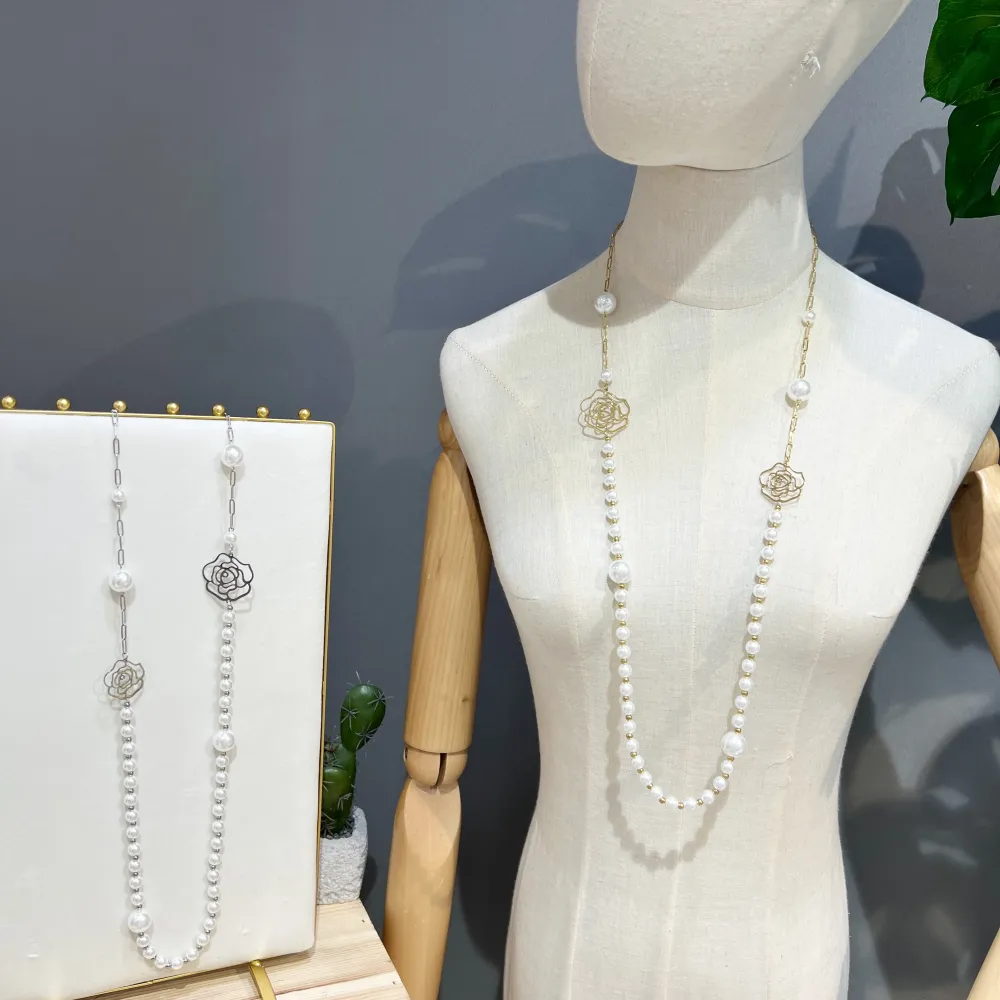 Perla con Fiore-Collana Lunga  in Acciaio - CAL-759-31 (Argento)