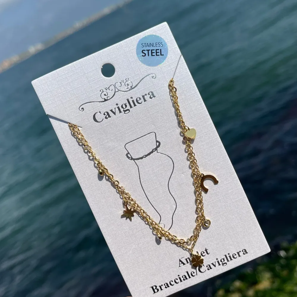 Doppia Catena con Fortuna-Cavigliere in Acciaio - CAV-103-AA203B (Oro Giallo)