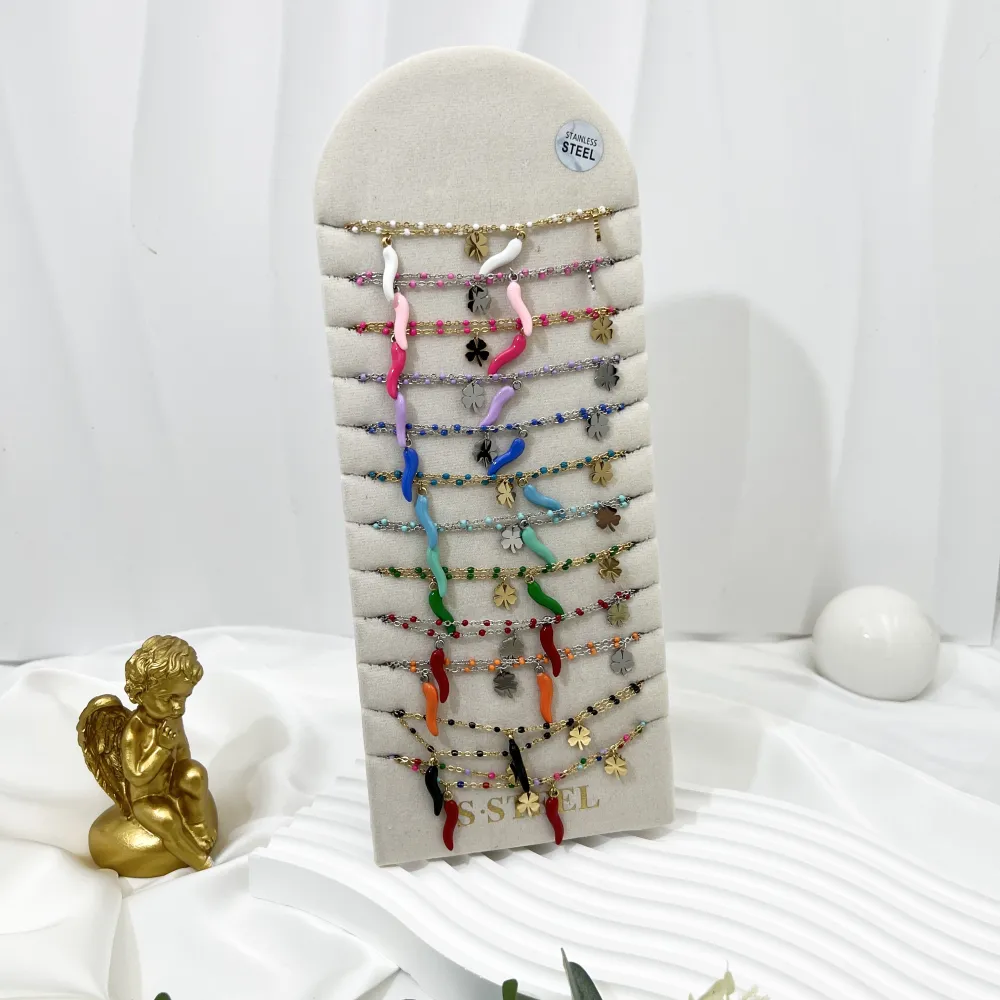 [CPA-103-AA3967N 24] Cornino con Quadrifoglio-24pz Collane in Acciaio - CPA-103-AA3967N 24