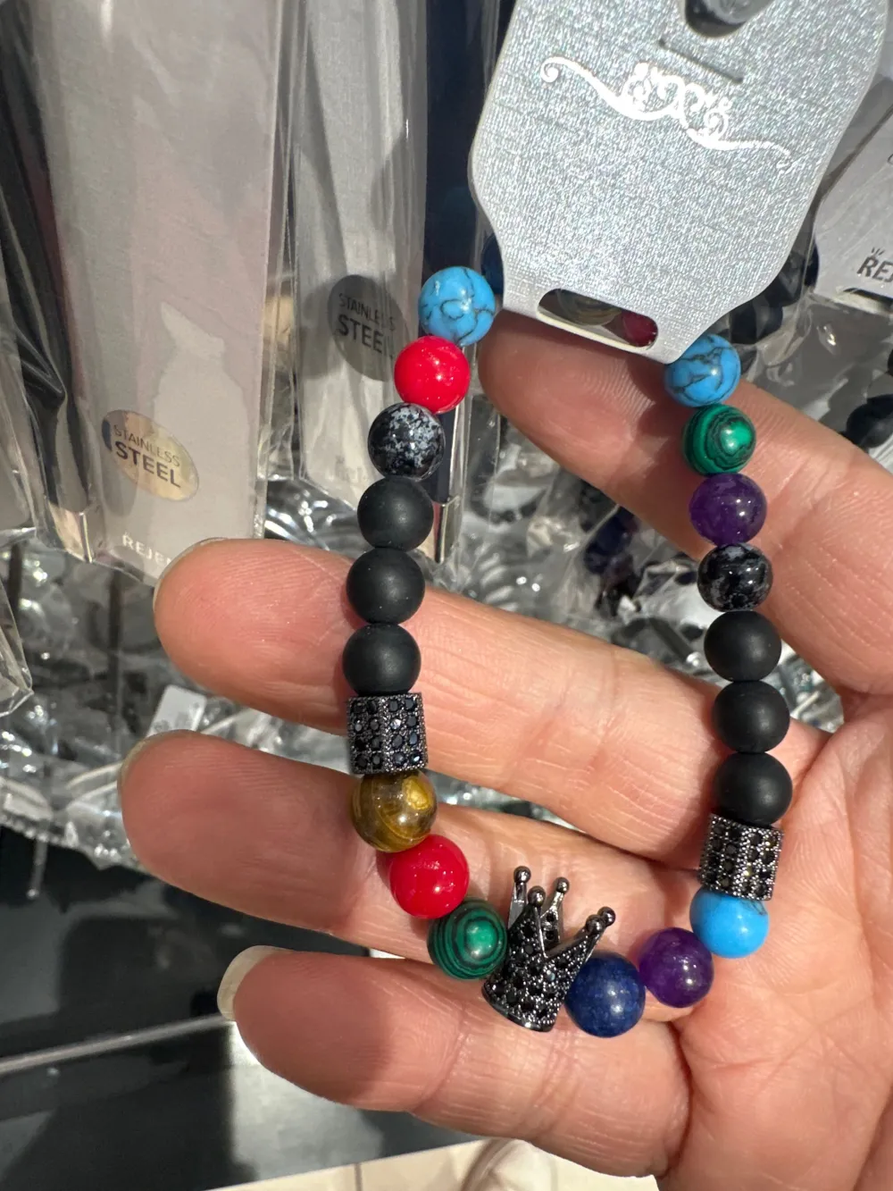 Bracciale da Uomo Elastico con Pietre Laviche e Zirconi - Corona - Bracciale Uomo (Grigio)