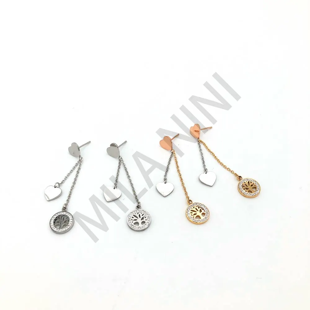 Orecchini pendenti in acciaio Albero della vita - Cuore e ADV con strass - Orecchini pendenti in acciaio (Acciaio)