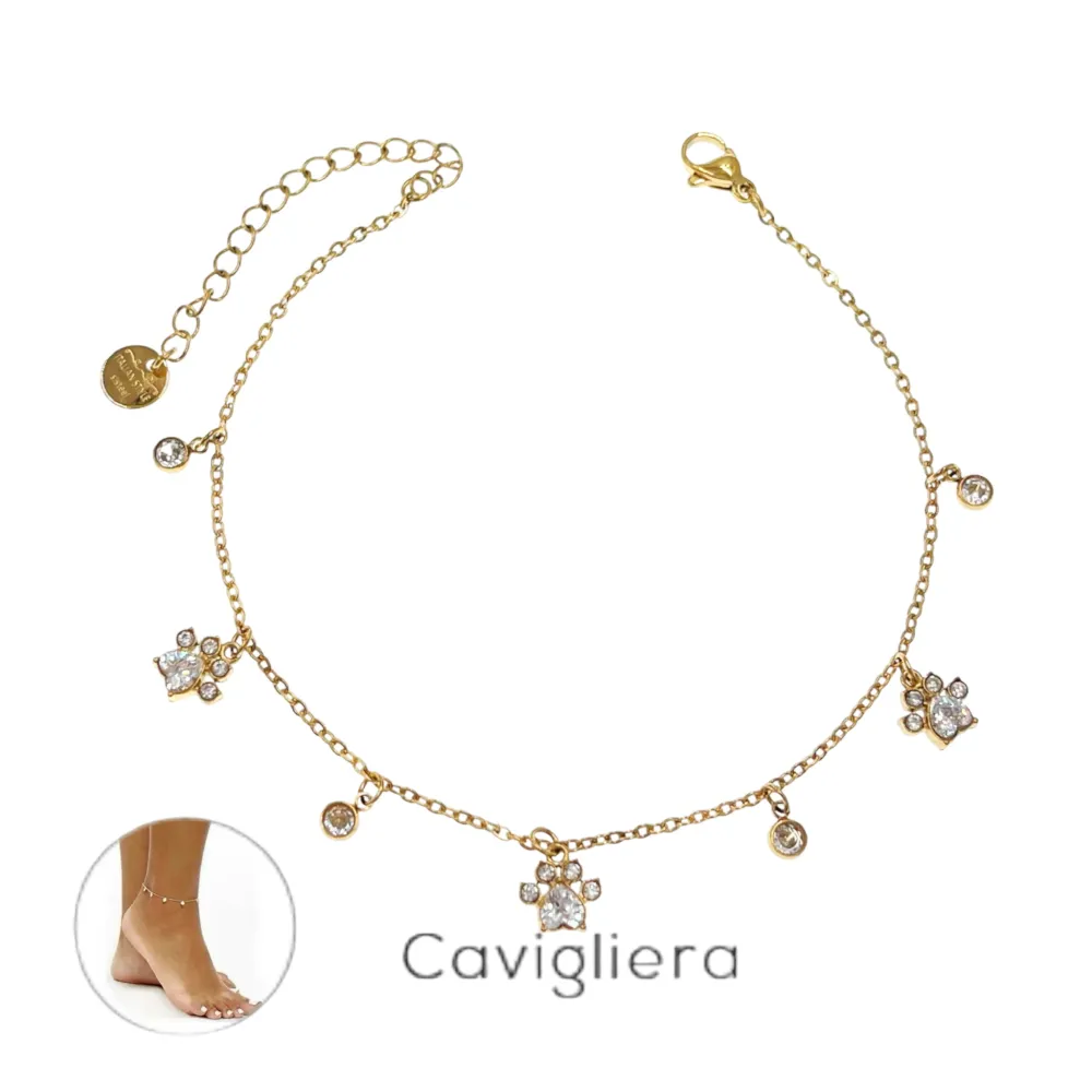 Zampa con Zirconia-Cavigliera in Acciaio - KAV-103-AA2769B (Oro Giallo)