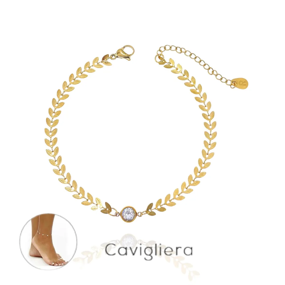 Catena Foglia-Cavigliera in Acciaio - KAV-413-1266 (Oro Giallo)