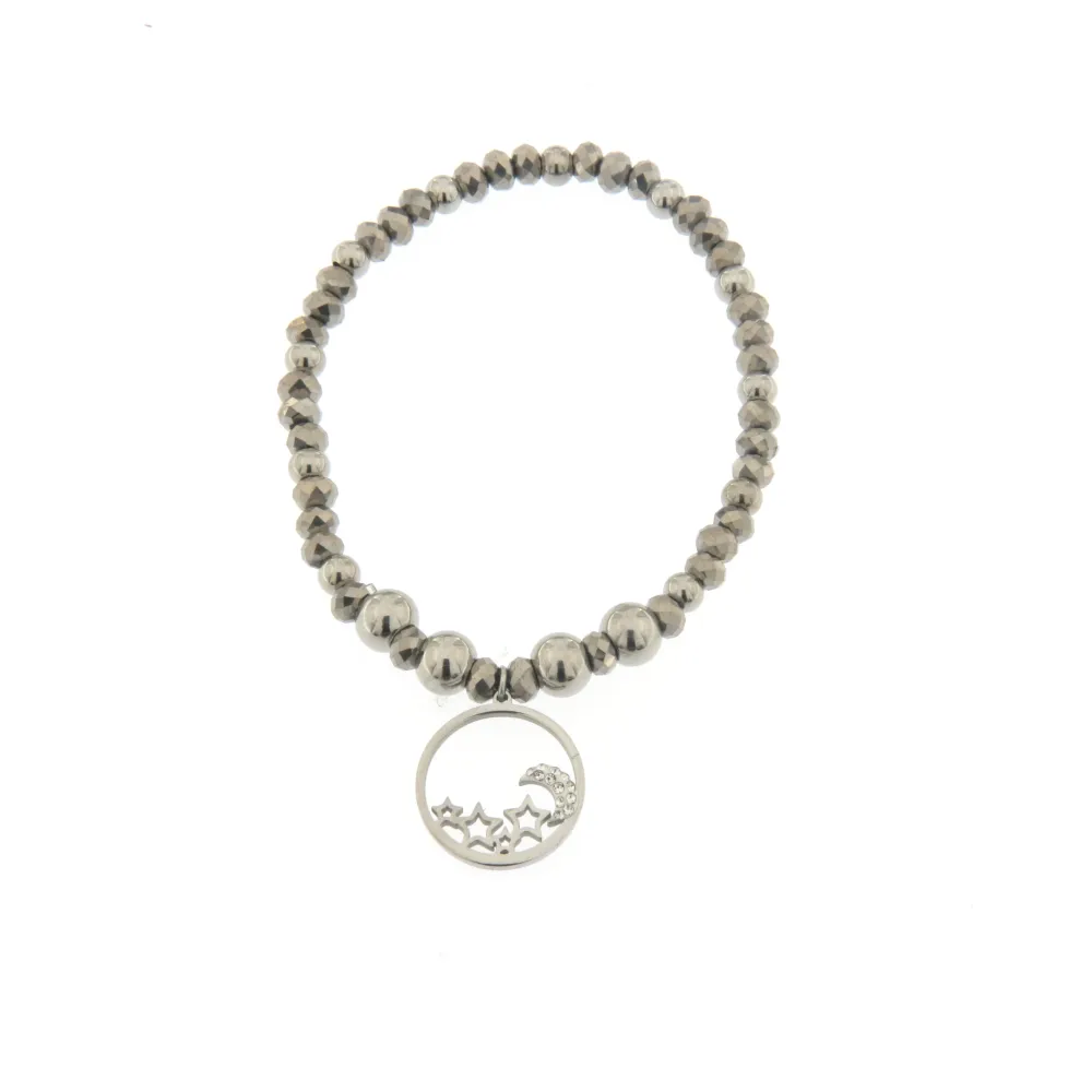 Bracciale Elastico in Acciaio - Luna - Bracciale Elastico con Palline (Argento)