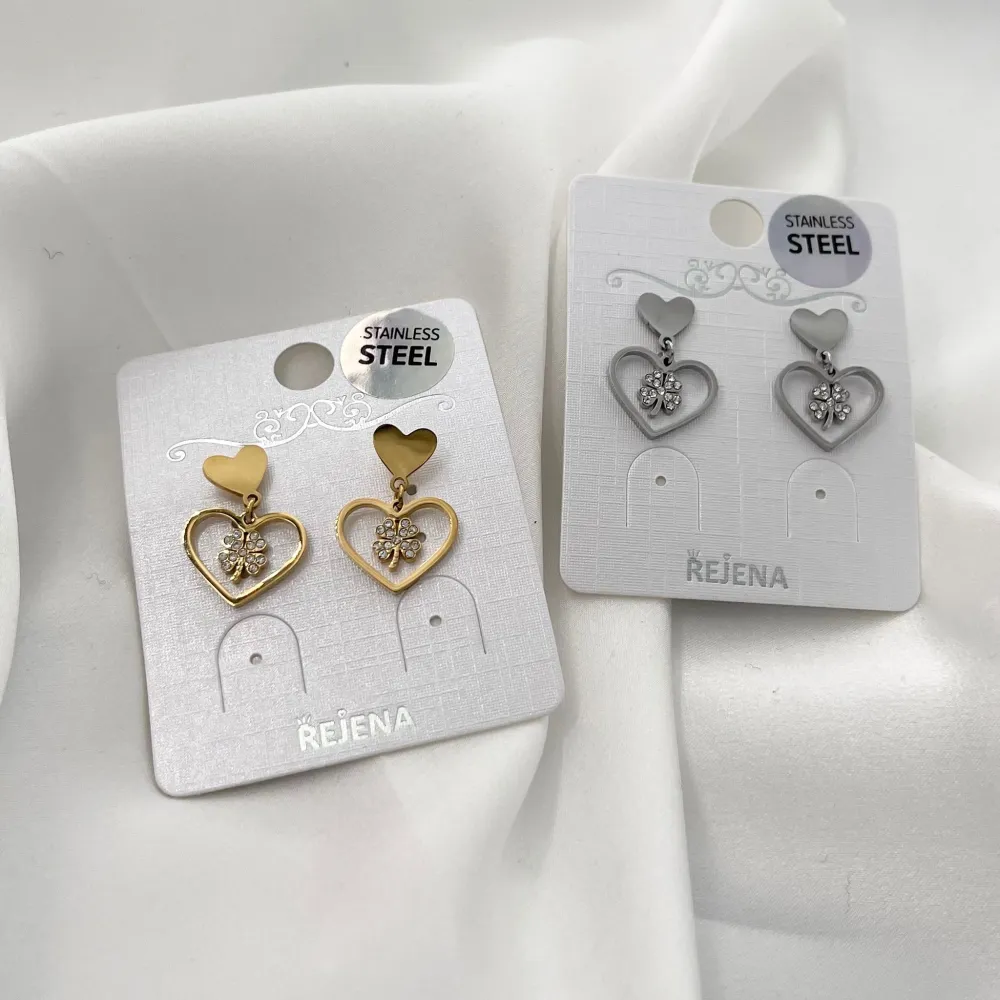 Cuore con Quadrifoglio-Orecchini Pendenti in Acciaio - OAP-103-AA1086E