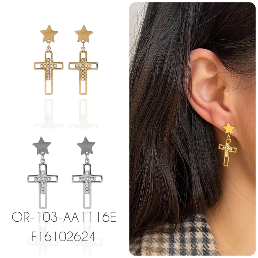 Croce-Orecchini Pendenti in Acciaio - OAP-103-AA1116E