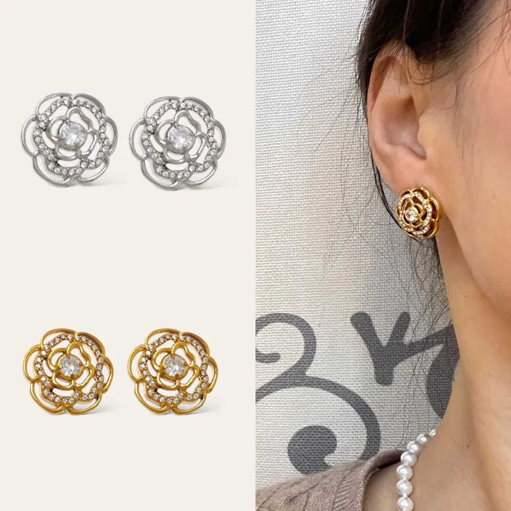 Fiore Rosa con Strass -Orecchini in Acciaio - OAP-103-AA4175E