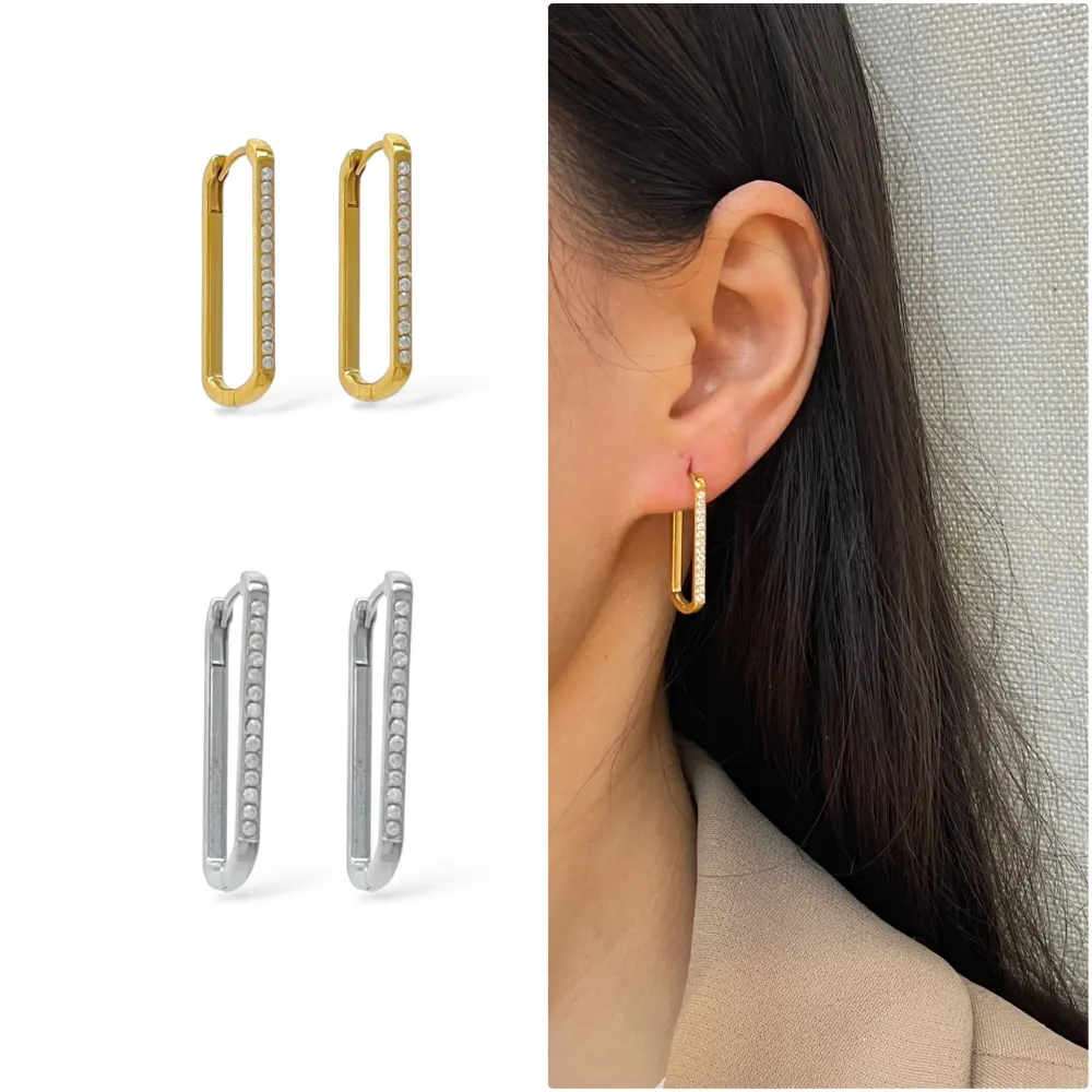 Cerchio 13x25mm Rettangolare con Zirconia-Orecchini in Acciaio - OAP-103-AA5777E 13x25mm