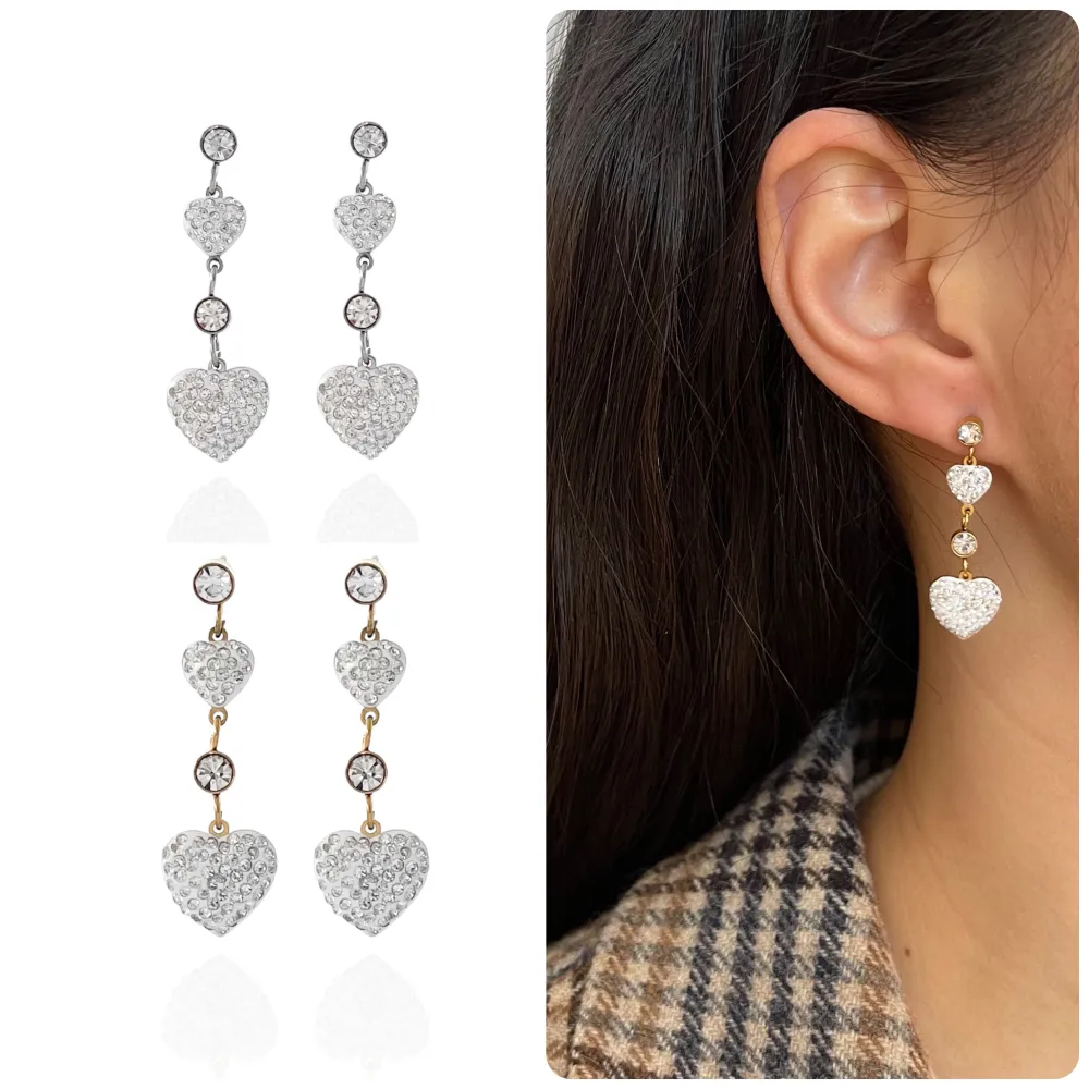 Doppio Cuore Pendente con Strass-Orecchini in Acciaio - OAP-413-1209