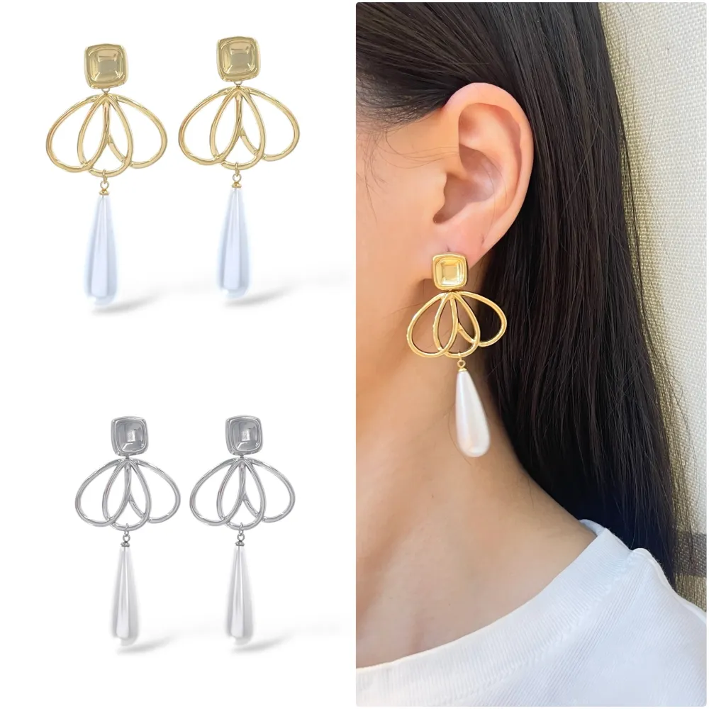 Fiore con Perla Goccia -Orecchini in Acciaio - OAP-413-834