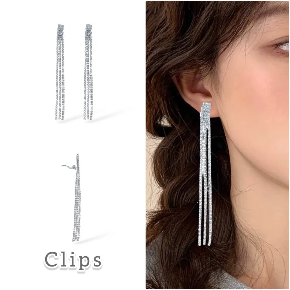 Tennis Lungo Tre fili-Orecchini a Clip in Acciaio - OMK-321-92J