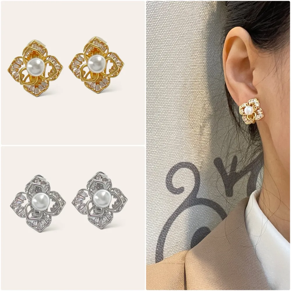Fiore con perla-Orecchini a Clip con Zirconia - OMK-493-28