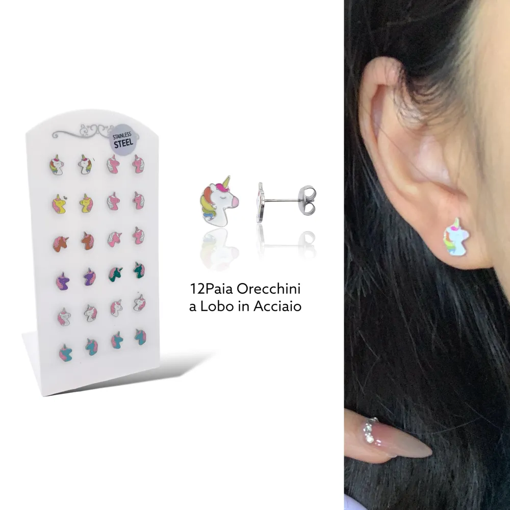 Unicorno Smaltato-12Paia Orecchini a Lobo in Acciaio - OPA-103-AA2408E