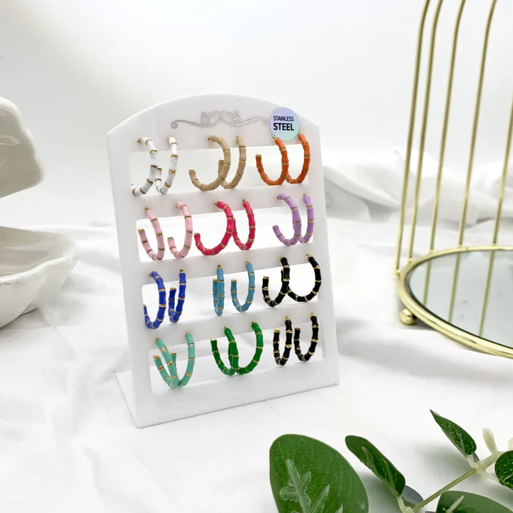 [OPA-103-AA3320E] Cerchio Colorato Bambù-12Paia Orecchini in Acciaio - OPA-103-AA3320E