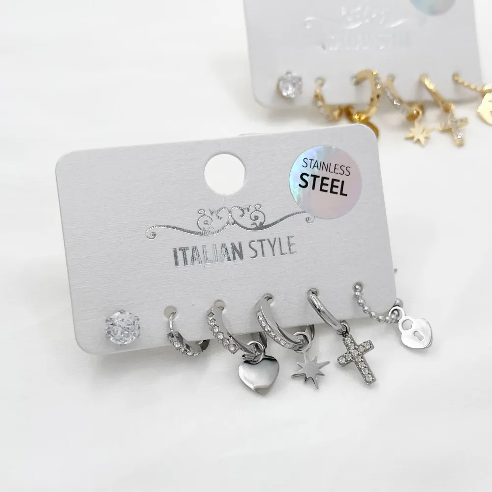 Croce Cuore-Set 6pz Orecchini in Acciaio e Zirconia - OPA-103-AA530E