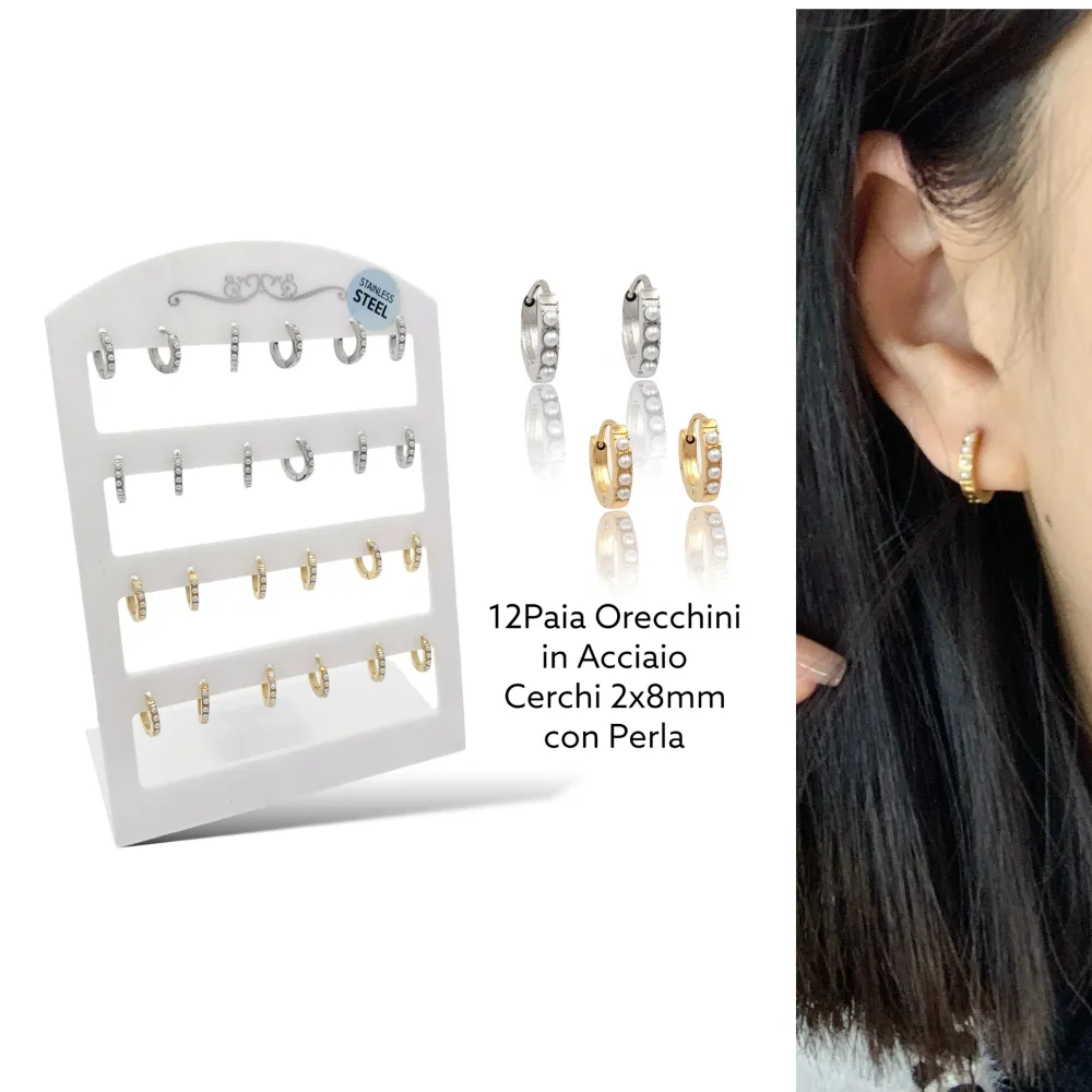 Cerchio con Perla-12Paia Orecchini in Acciaio - OPA-103-AA970E 8mm