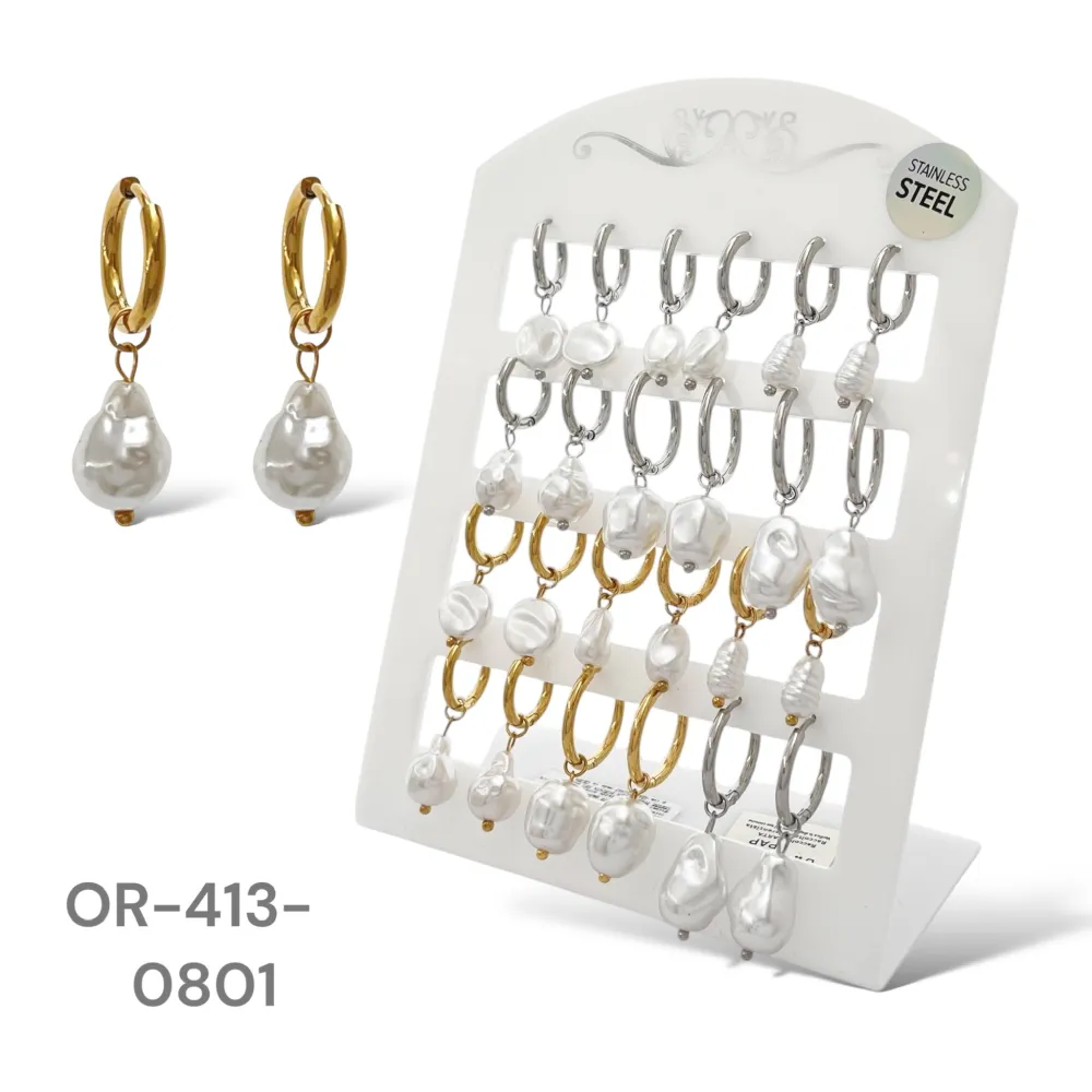 Cerchio con Perla Pendente-12Paia Orecchini in Acciaio - OPA-413-0801