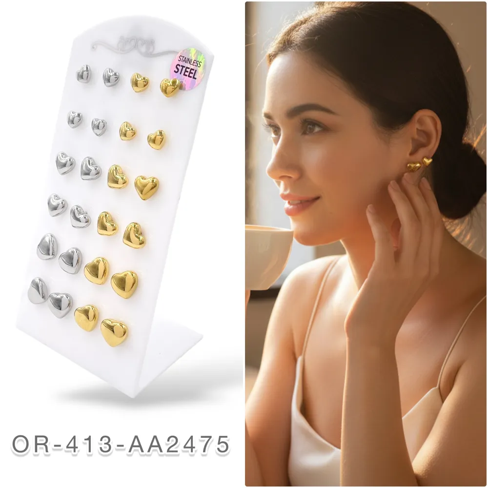 Cuore  Bombato -12Paia Orecchini a Lobo in Acciaio - OPA-413-2475