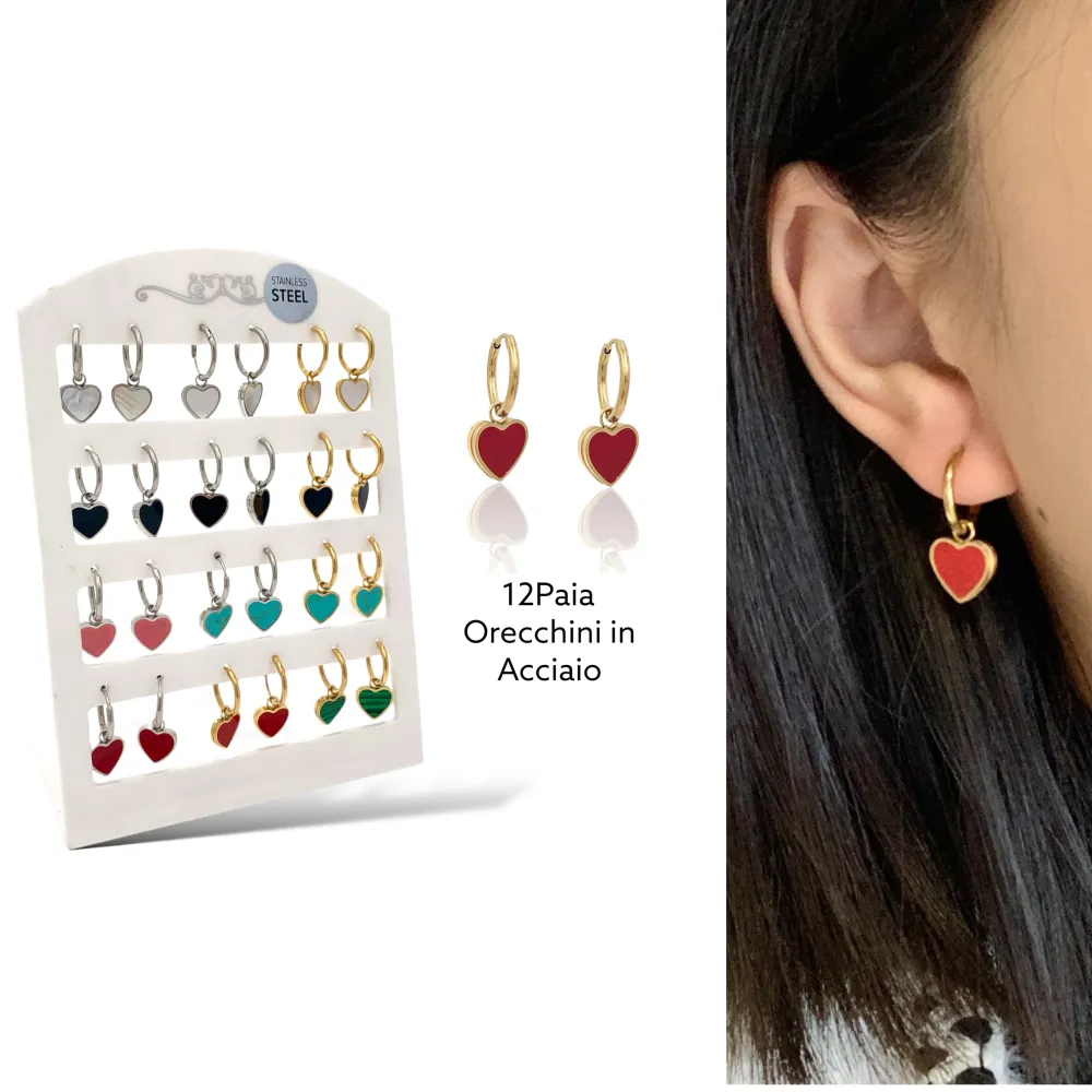 Cuore Smaltato-12Paia Orecchini in Acciaio - OPA-413-868