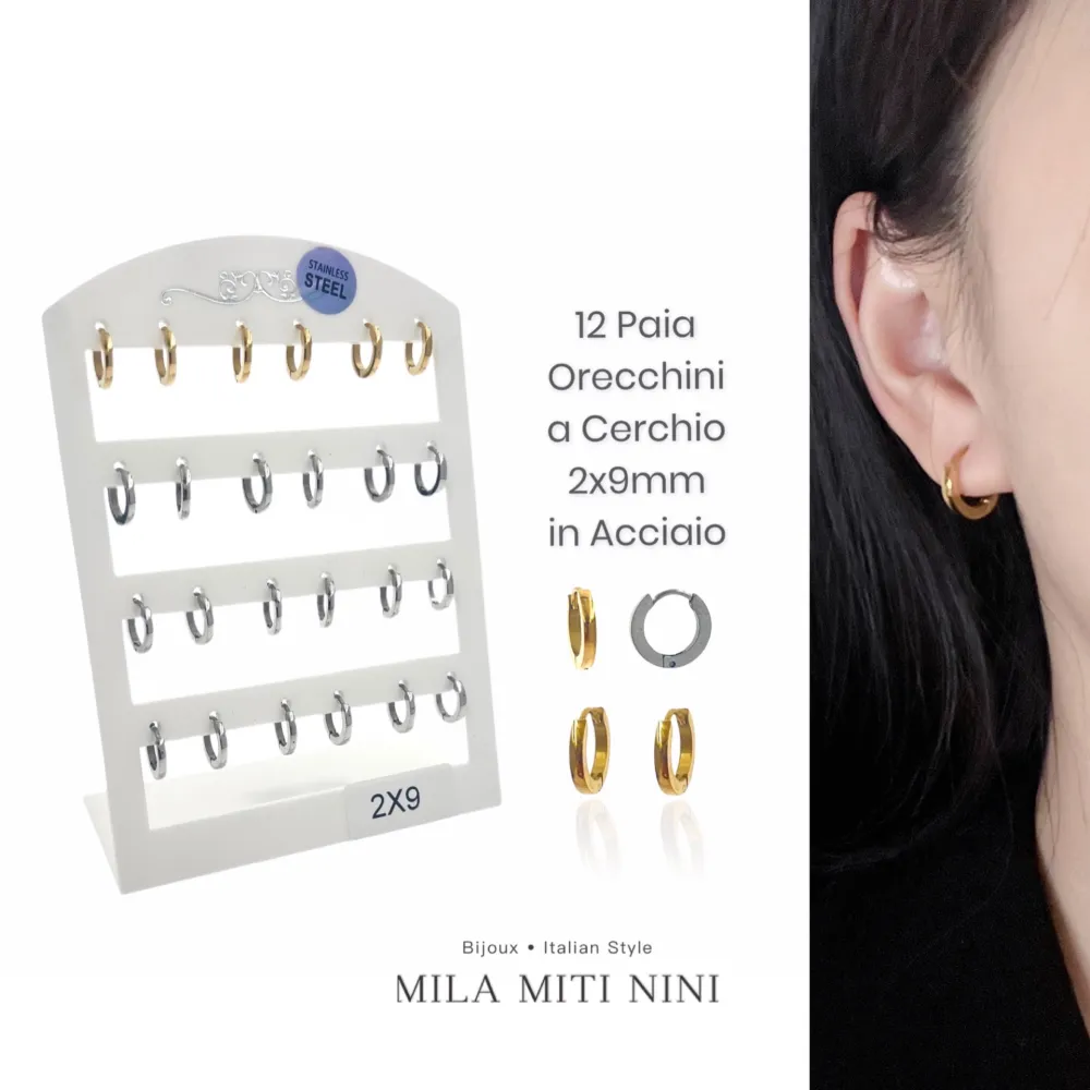 Cerchio Quadrato 2x9-12 Paia Orecchini in Acciaio - OPA-450-366