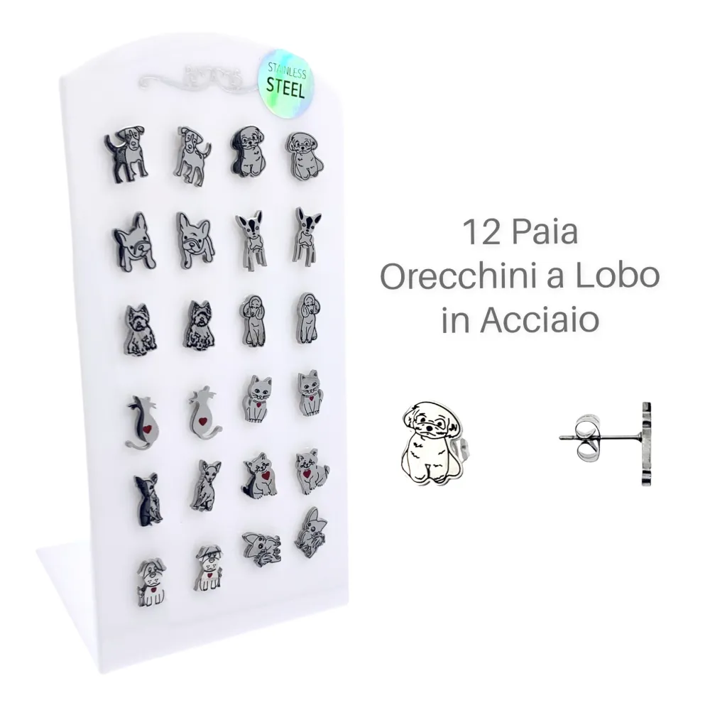 Cane Gatto Smaltato-12 Paia Orecchini in Acciaio - OPA413-805