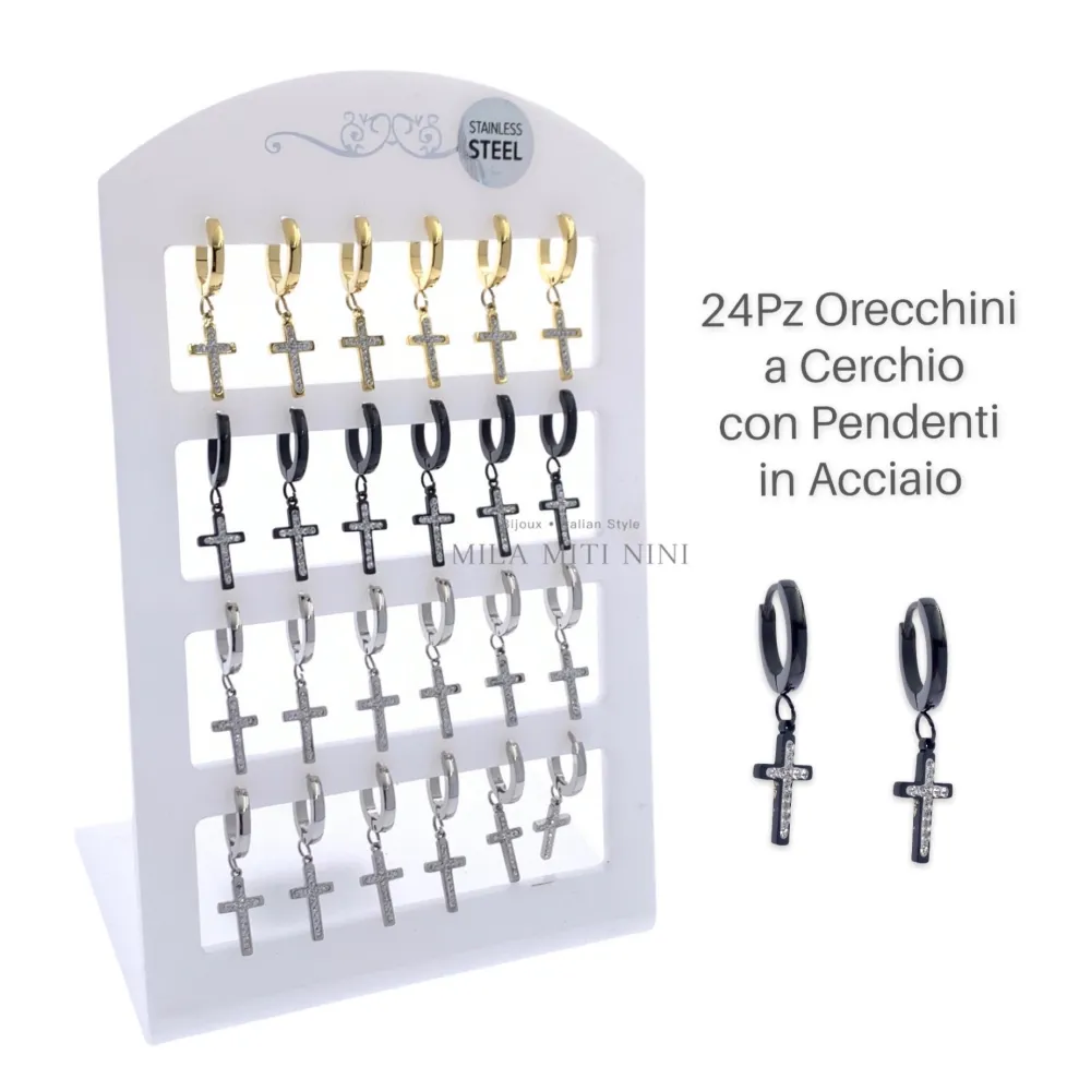 Croce Strass-12Paia Orecchini in Acciaio - OPA450-3