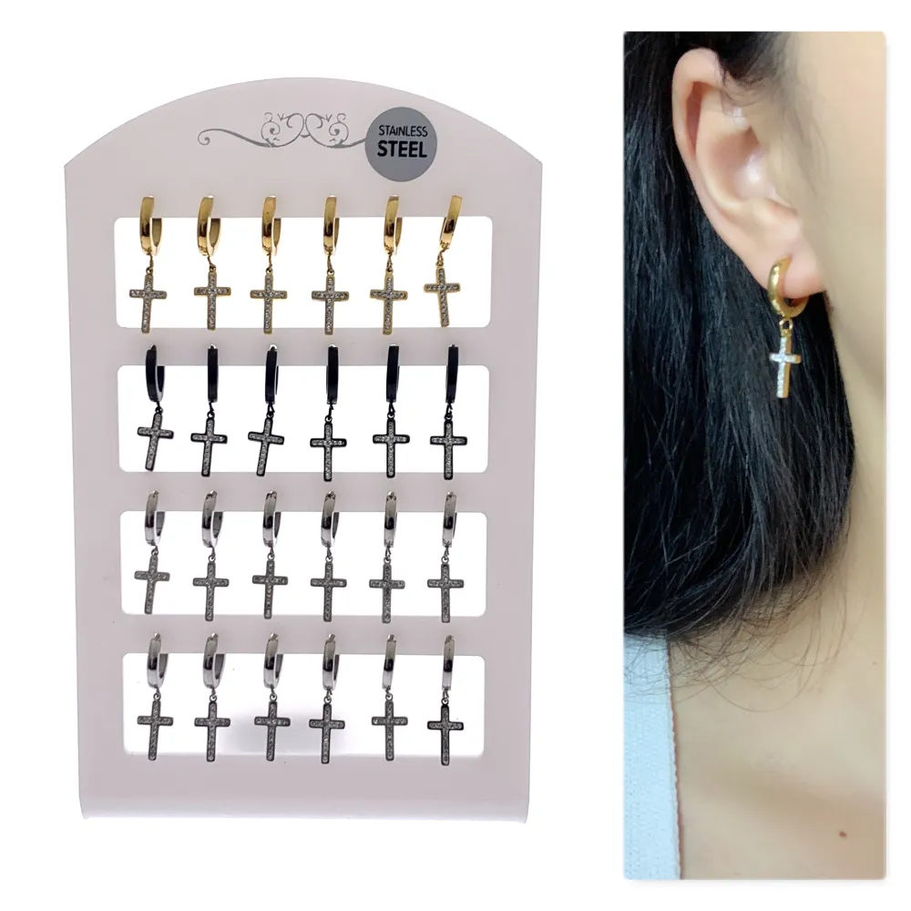 Croce con Strass-Orecchini Cerchio 2x9 in Acciaio - OPAA-450-336 2x9mm