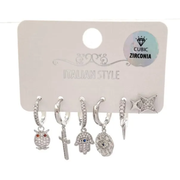 Mano Gufo Croce -Set 6Pz Orecchini con Cubic Zirconia - OPM-109-142