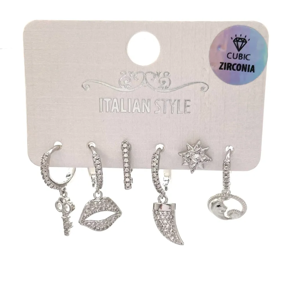 Labbra Chiave Cornino -Set 6Pz Orecchini con Cubic Zirconia - OPM-109-147