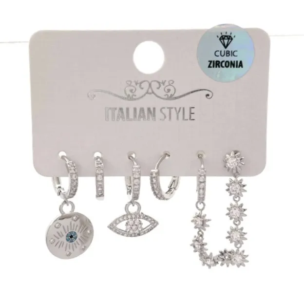 Occhi -Set 6Pz Orecchini con Cubic Zirconia - OPM-109-158 (Argento)