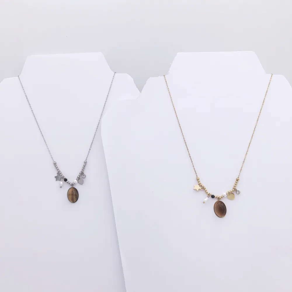 Collana acciaio - Pendente pietra occhi di tigre e perla di fiume 4168  - Collana (Acciaio)