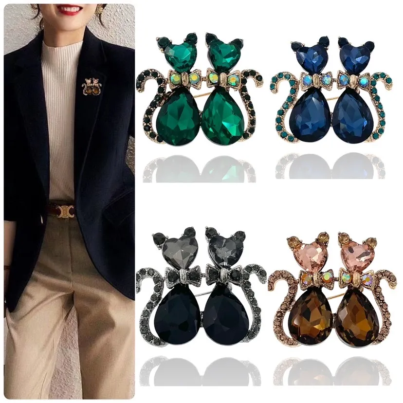 Doppio Gatto - Spilla con Strass - SPM-321-247